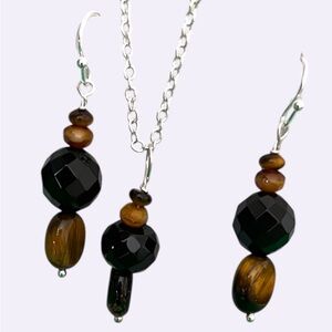 Silver plated Black Crystal and tigers eye Beaded Jewelry Set
